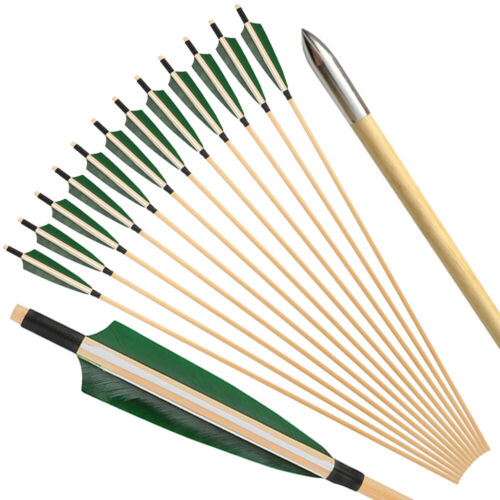 32" Archery Wooden Arrows 5" Feather Wood Shaft Traditional Bow Longbow Hunting - Picture 13 of 17