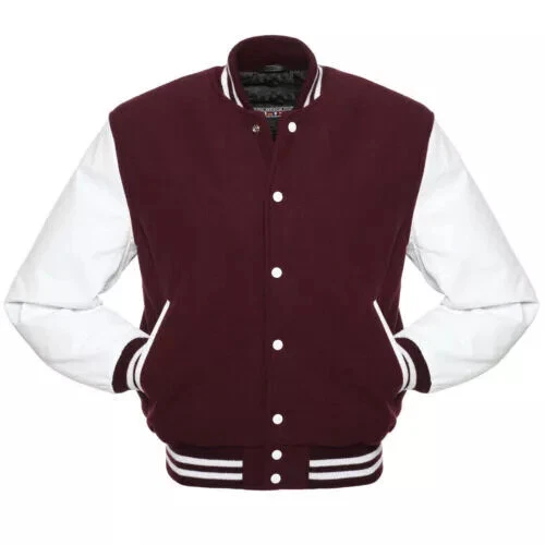 Varsity Sky Maroon Letterman Baseball Wool Body & White Leather Sleeves Jacket