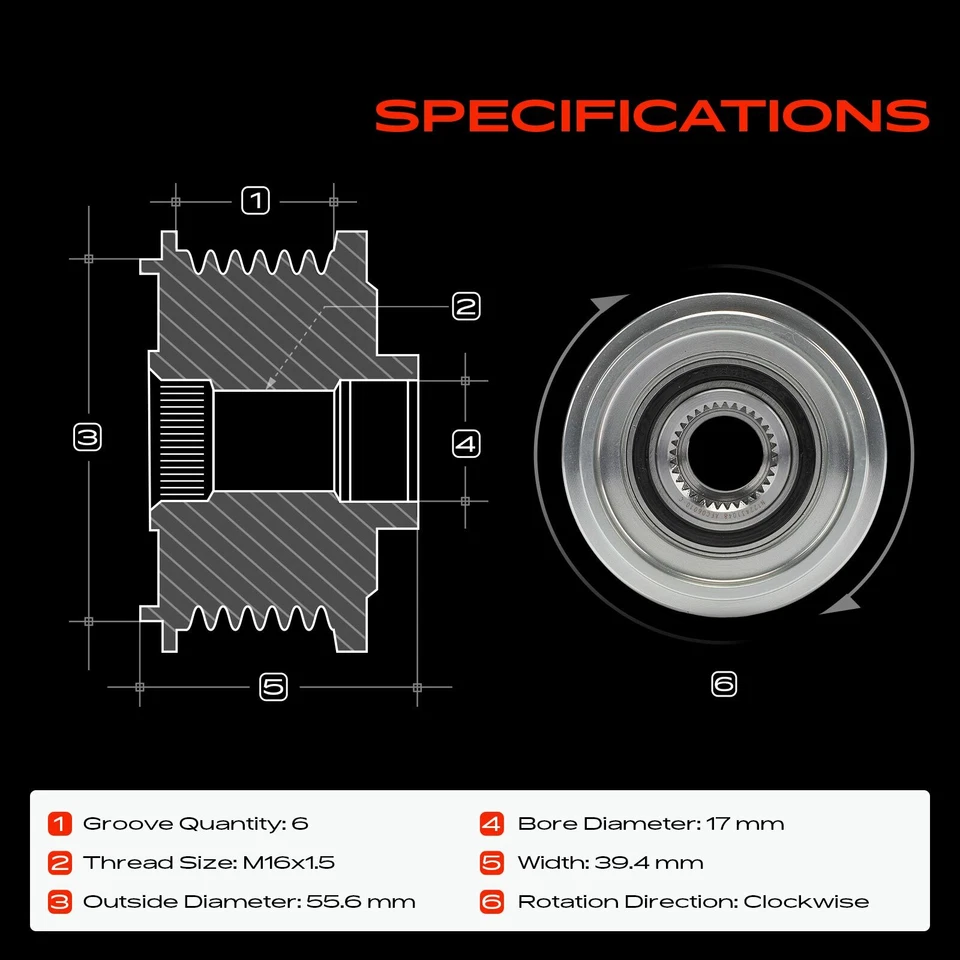 Polea de embrague alternador para Chevrolet Blazer S10 Ford Ranger MK2 6 ranuras CW Foto 2 de 4