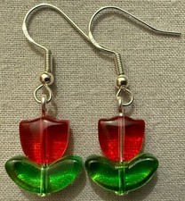 RED TULIP FLOWER GLASS BEAD EARRINGS with Sterling Silver Ear Wires