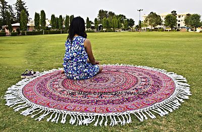 Round Hippie Decor Beach Throw Cotton Mat Elephant Mandala Tapestry Tassel Lace 