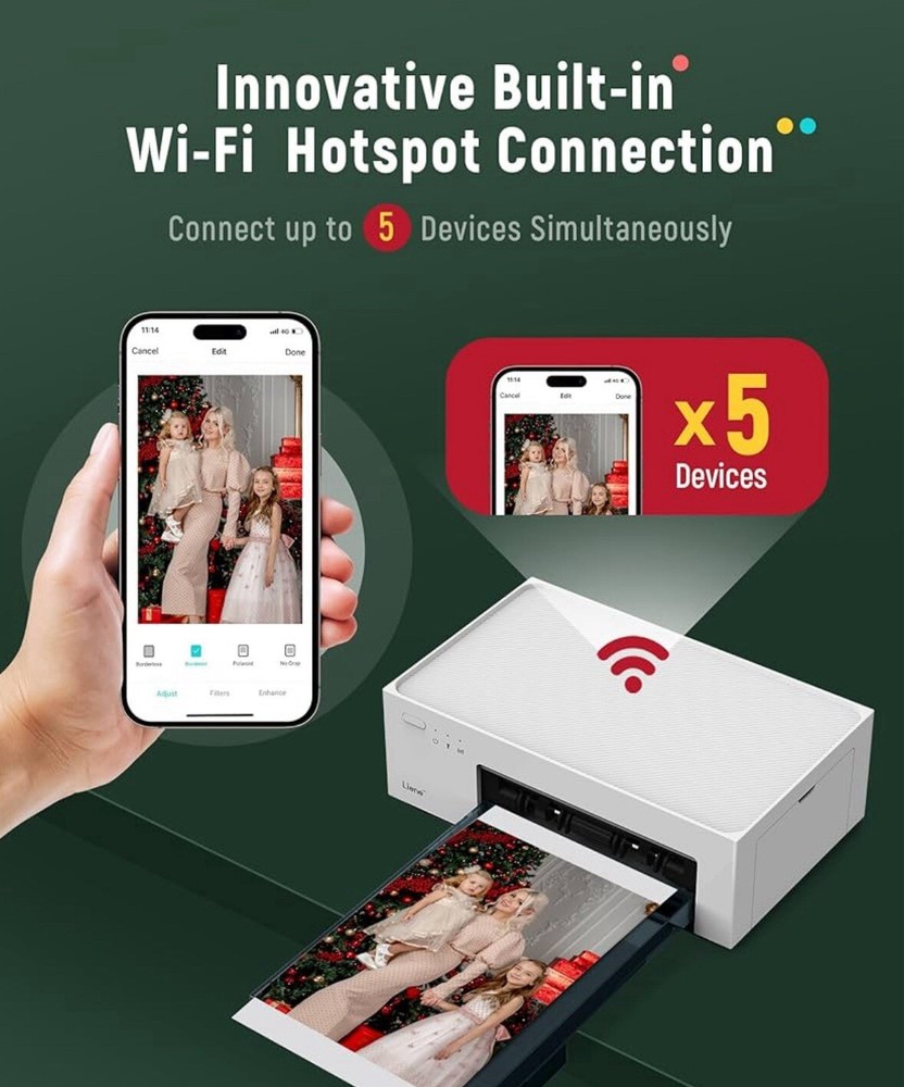 4x6” Liene Wi-Fi Photo Printer with Full-Color Thermal Dye for iPhone & Android