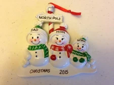 North Pole Snowman Family of 3 Personalized Christmas Tree Ornament Holiday Gift