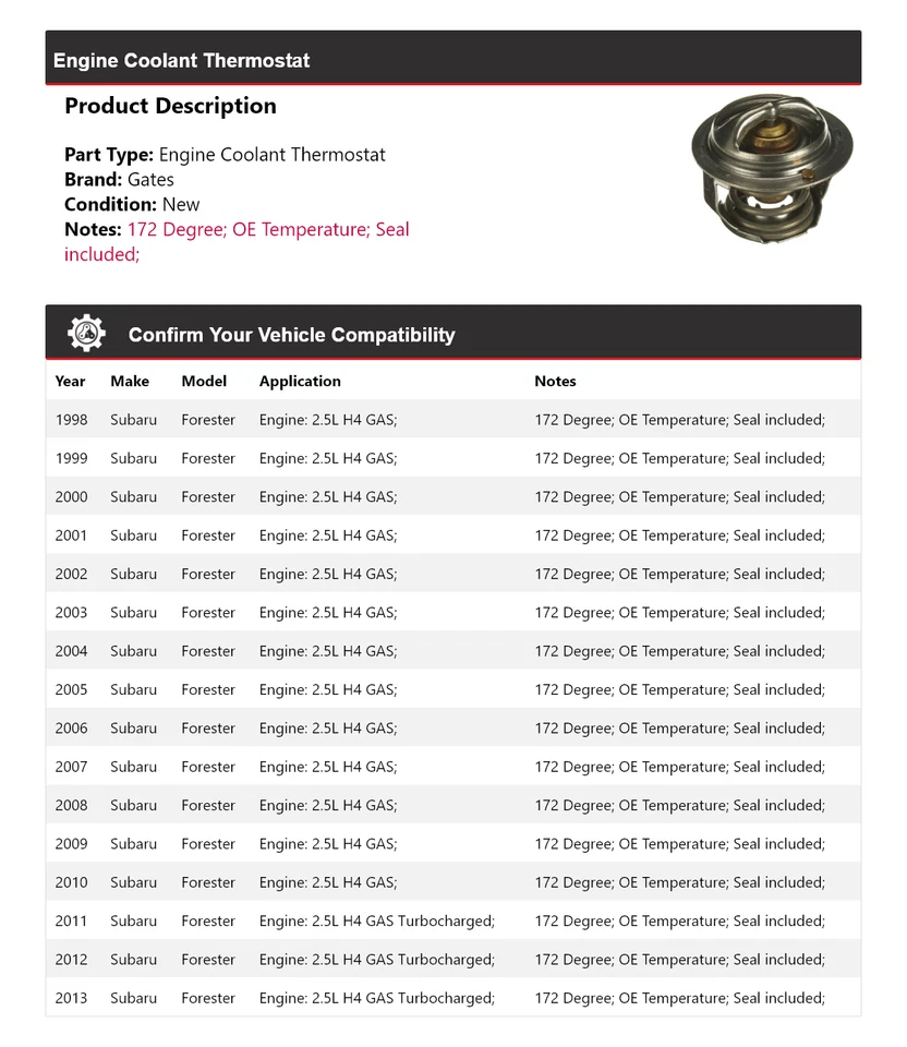 For 1998-2013 Subaru Forester Engine Coolant Thermostat Gates 1999 2000 2001 - Image 2 of 4