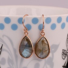 Faceted Labradorite Bezel Set Dangle Earrings 925 Silver Gemstone Jewelry