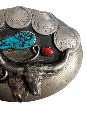 Vintage Silver Turquoise Coral Indian Head Nickel Belt  display picture 1