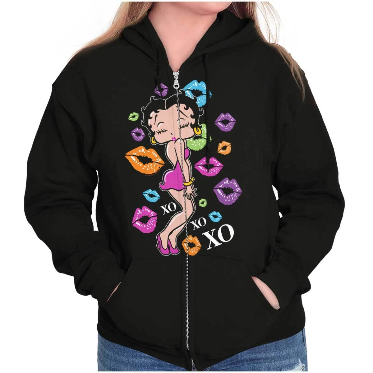 VALENTINO Felpa con cappuccio e zip Betty Boop retrò cartone animato arcobaleno XOXO baci da donna