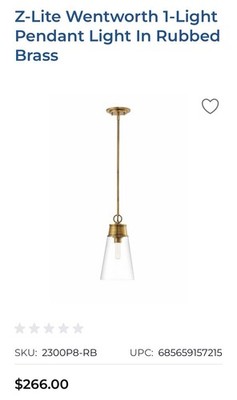 Z-Lite 2300P8-RB Wentworth 1 Light 7.5 inch Rubbed Brass Pendant Light