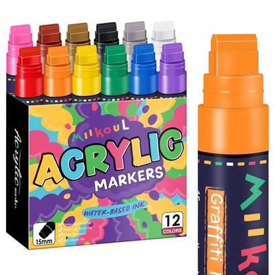 12 Colors Jumbo Graffiti Markers, Large 15mm Felt Tip Permanent Acrylic Paint...