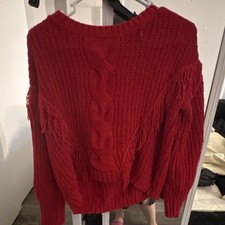 No Boundaries Girls Red Cable Knit Pullover Sweater L/G 11-13 Fringe