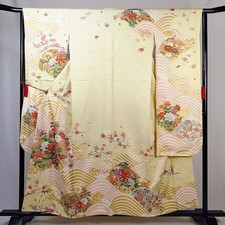 Vintage Japanese Silk Furisode Kimono Pale Yellow with Floral Gold Embroider
