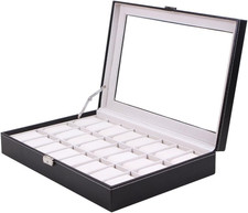 COFANETTO PORTA OROLOGI 24 POSTI in SIMILPELLE COPERCHIO in VETRO 43X28X9,5Cm
