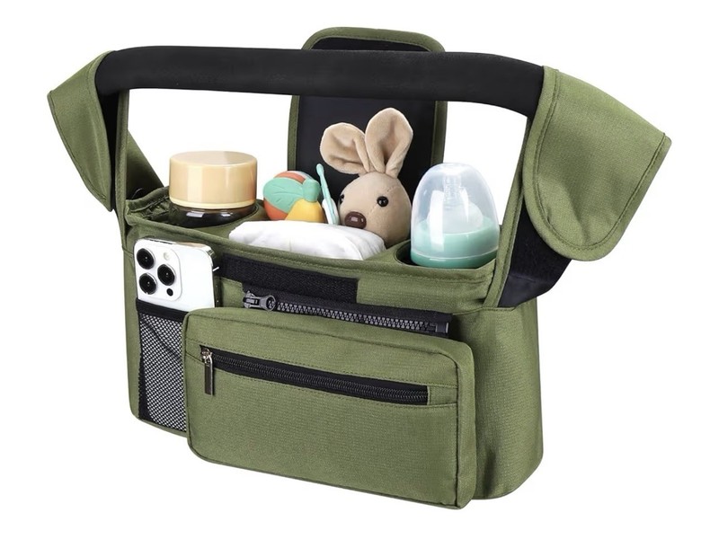 Green Stroller Organizer Multiple Compartments Mesh Pocket Insulated Cup Holder