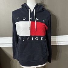 Tommy Hilfiger Women  s Navy Blue White and Red Hoodie size L