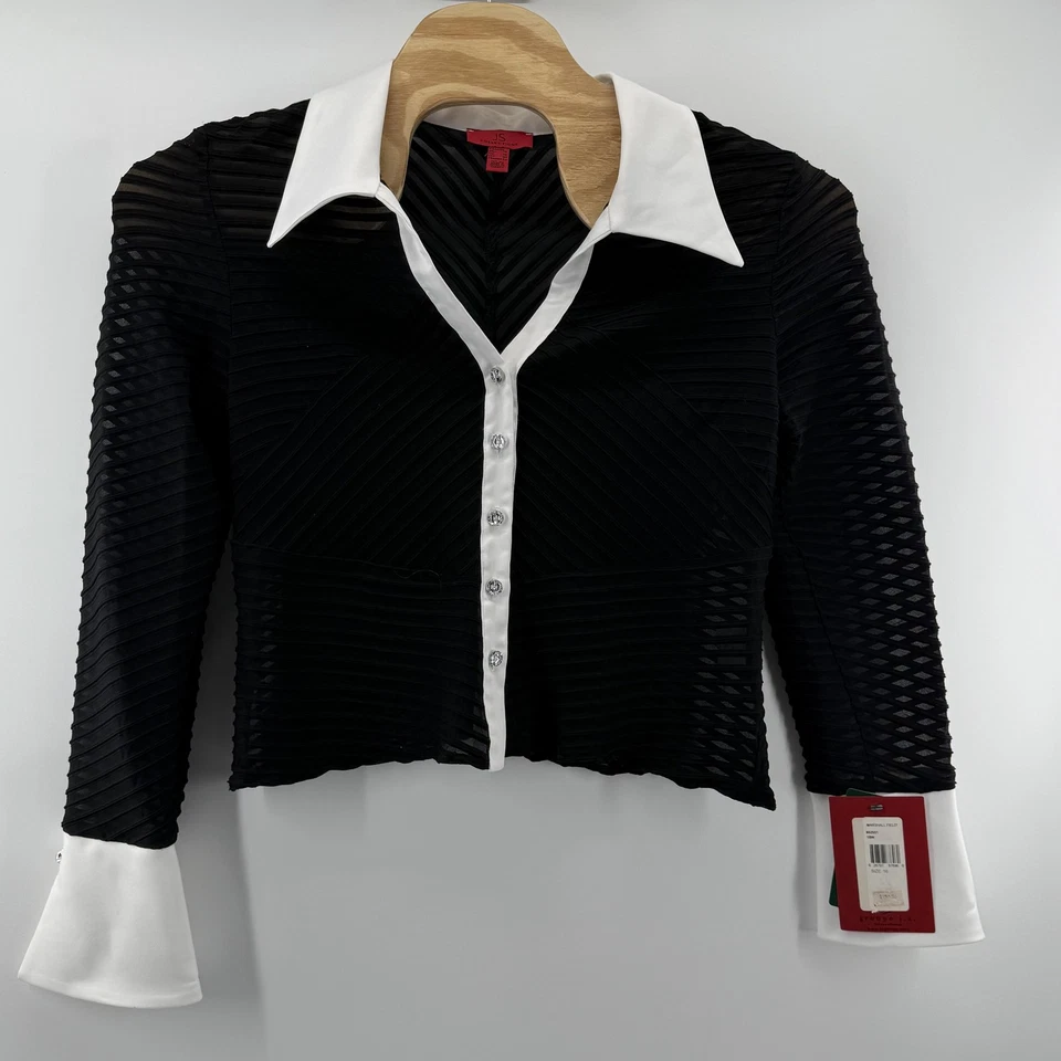 JS Collections Shirt Womens 16 Black White Sheer Textured Button Up Blouse Top - Image 2 of 4