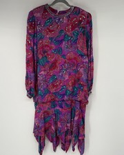 VTG Judith Ann Creations Inc Silk Dress Womens M Pink Floral Sequin Beaded 80s