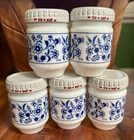 Set of 5 Vintage German Milk Glass Spice Jars with Metal Lids and Blue Thistle