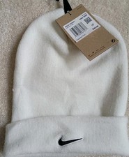 Nike Peak Swoosh Beanie White featuring a black embroidered logo