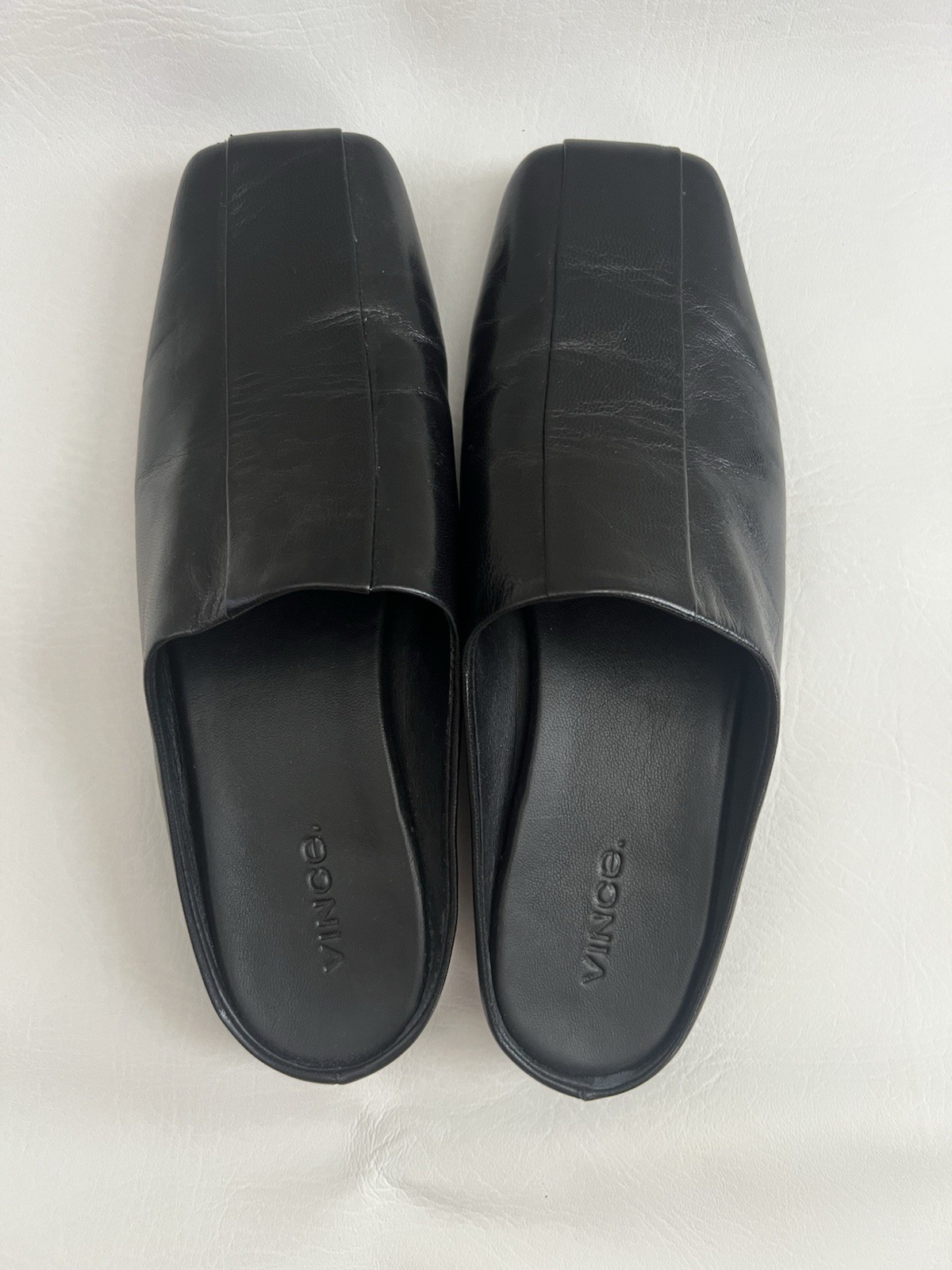 Vince Nida Square Toe Slip On Black Leather Mules Loafers Flats Size 6M Preppy