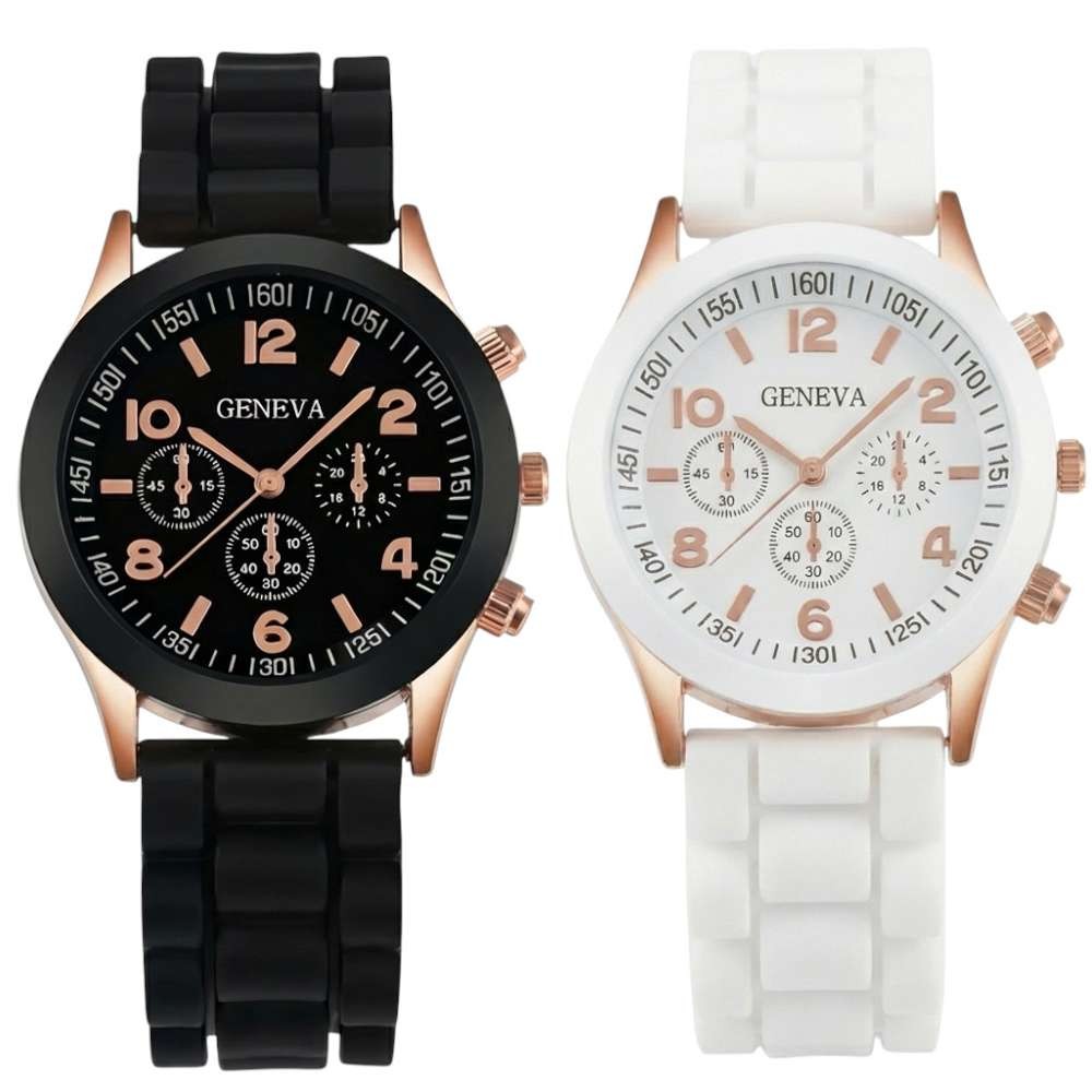 Damenuhr mit Silikonarmband und roségoldenem Gehäuse in Schwarz oder Weiß