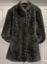 Vtg Hillmoor NY Faux Fur Swing Coat ChevronPattern Gray Lined L/XL Gift Oversize