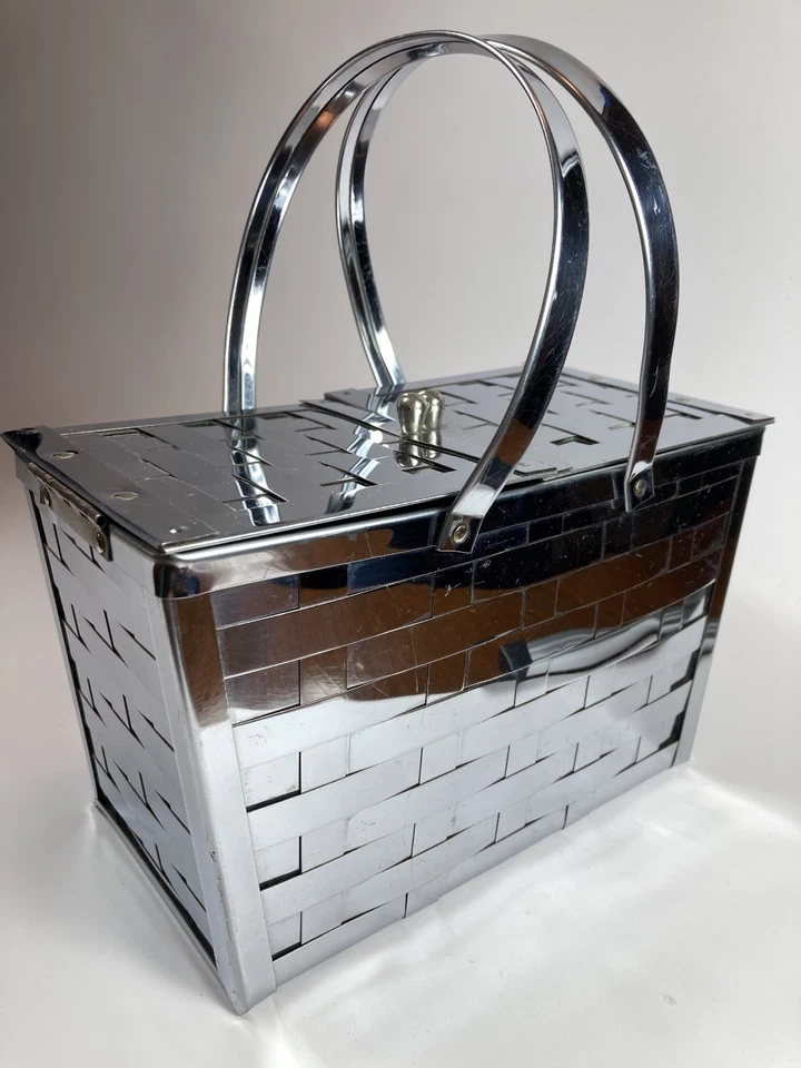 Cartera vintage de dos asas con cesta de picnic plateada Dorset Rex años 50 Foto 4 de 4