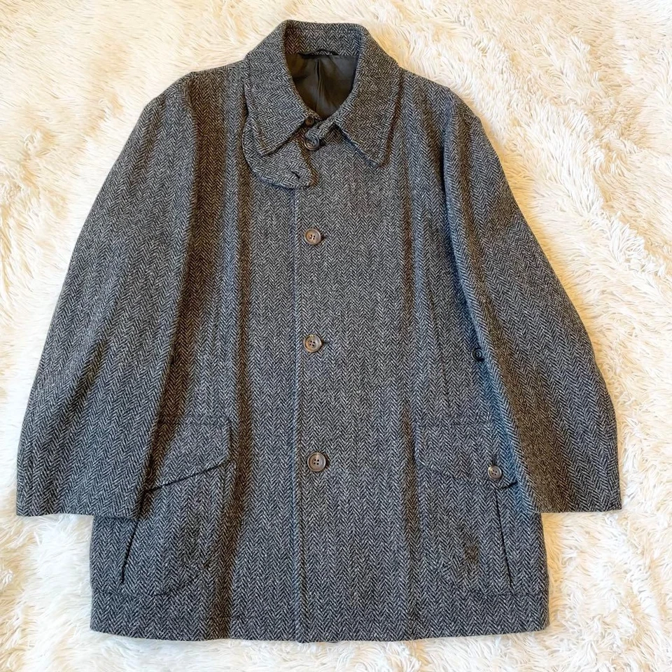 HARRIS TWEED Wool Peacoat Herringbone Gray Mens Size L Made in Japan - Image 2 of 4