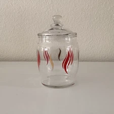 Mid Century/VTG Glass Candy Jar-5"x21/2" Clear Glass with Red/Gold Flames Lid