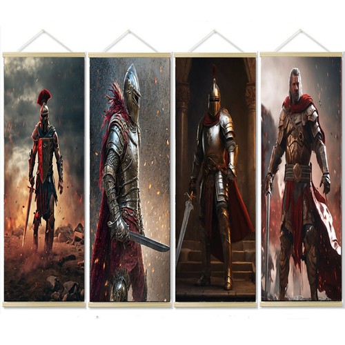 4 PCS Spartan Armor Warrior Solid Wood Scroll Painting Wall Art Decor Poster - Bild 1 von 10