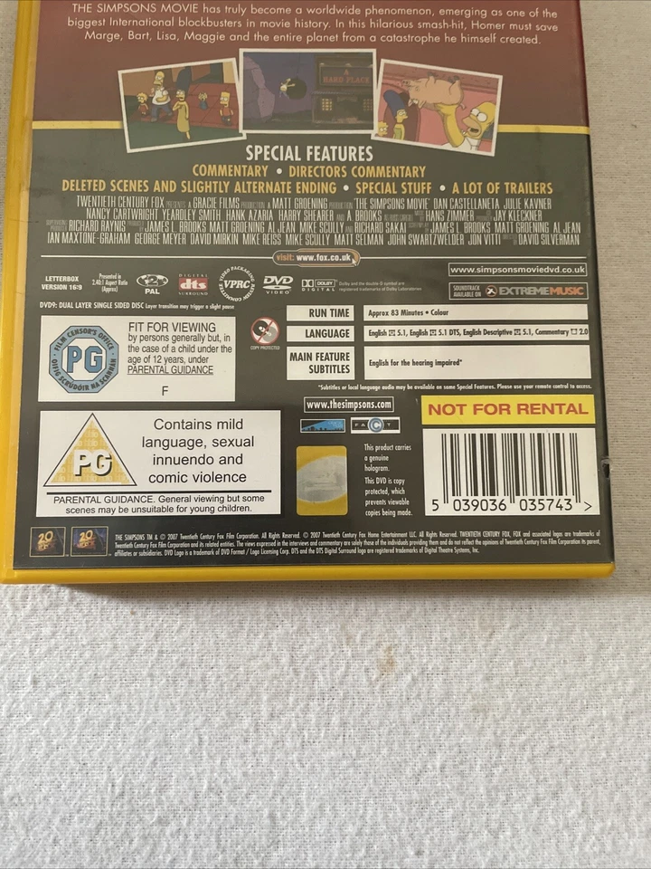 The Simpsons Movie . DVD - Reg 2 - PG - 2007 . Ex/con - Image 4 of 4