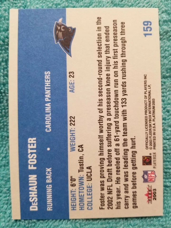 2003 FLEER PLATINUM DESHAUN FOSTER #159 CAROLINA PANTHERS - Image 4 of 4
