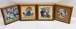 Vintage 1980's Embroidered Framed Needlework Sewing Stitch Wall Art Kitten Bunny