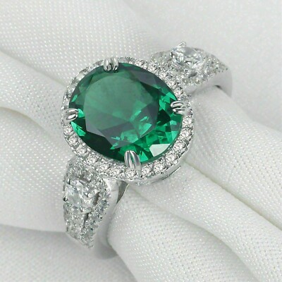 3.50 Ct Oval Green Emerald Engagement 14k White Gold Finish Halo Wedding Ring