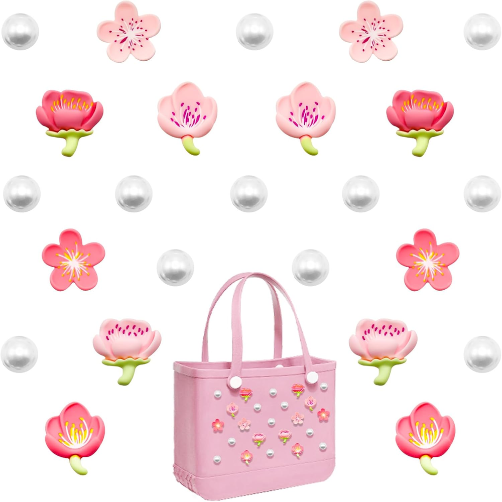 24 Pcs Bogg Bag Accessories Charms, Flowers and Pearls Charms for Bogg Bag & Sim