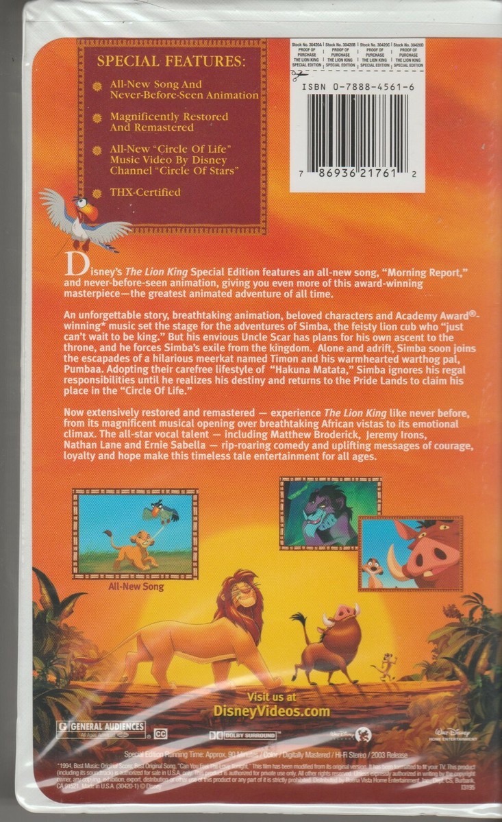 The Lion King (VHS, 2003, Platinum Edition Features an All-New
