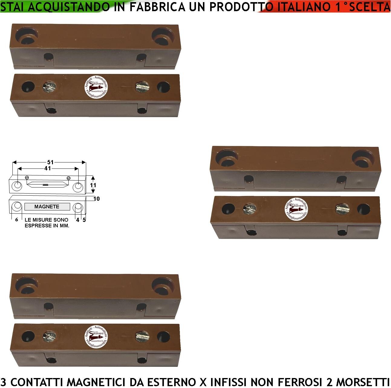 Kit 3 Contatti Magnetici Antifurto per Infissi in Legno con Morsetti