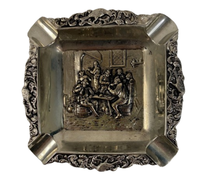 antique cigarette ashtray Antique Collectible Metal Cigarette Ashtray Men Sitting Around A Table Rare