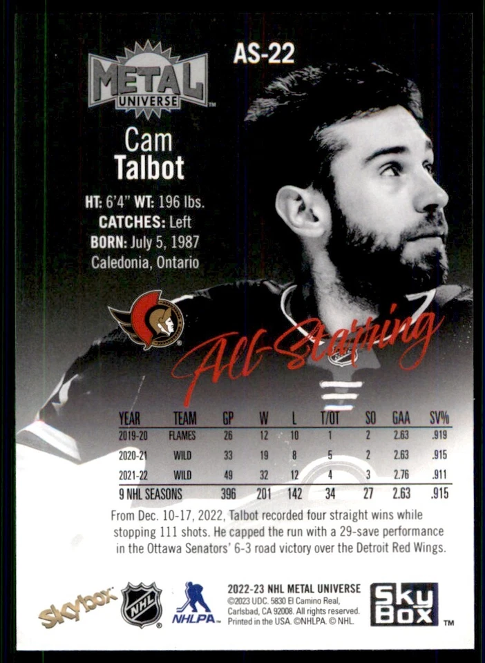 2022-23 SKYBOX METAL UNIVERSE ALL-STARRING CAM TALBOT MINNESOTA WILD #AS-22 - Image 2 of 2