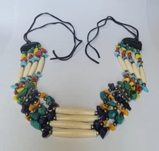 Native American 4 Strand Buffalo Hairpipe Turquoise Lapis Silver Beads Necklace