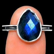 Natural Blue Labradorite Checker 925 Sterling Silver Ring s.8.5 Jewelry R-1056