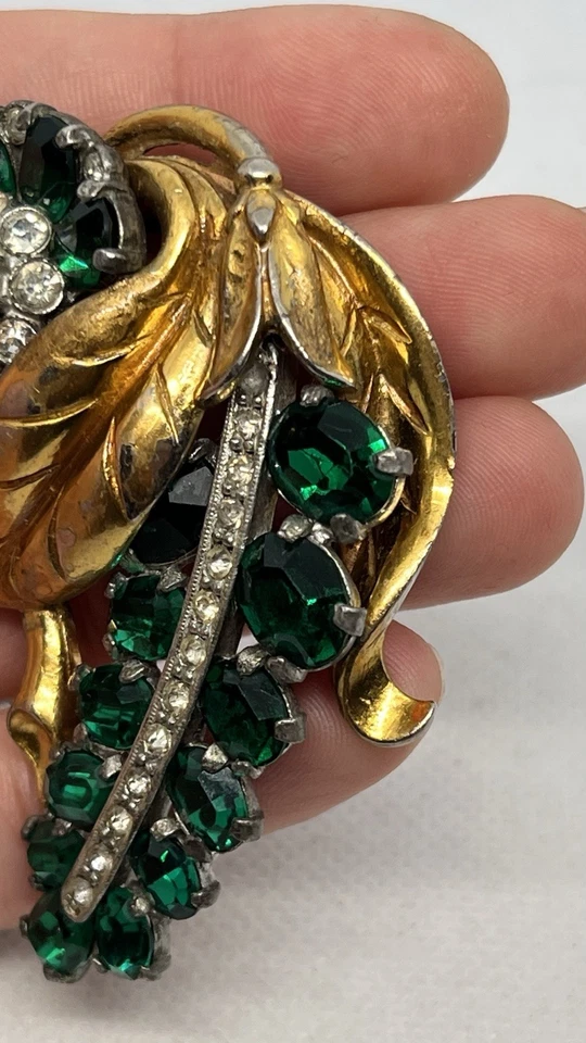 Clip de piel raro estilo Coro Art Deco flor verde tono dorado Foto 4 de 4