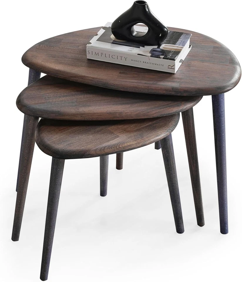 Mid-Century Modern Wood Nesting Coffee Table Set 3 Anthracite Oval Side End - Image 2 of 4