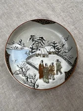 Antique Japanese Kutani-ware Hand-painted Small Plate Dish Snowy Winter Scene