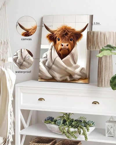 Cute Highland Cow Bathroom Framed Wall Art Funny Animal Rustic Canvas Prints ... - Picture 6 of 6