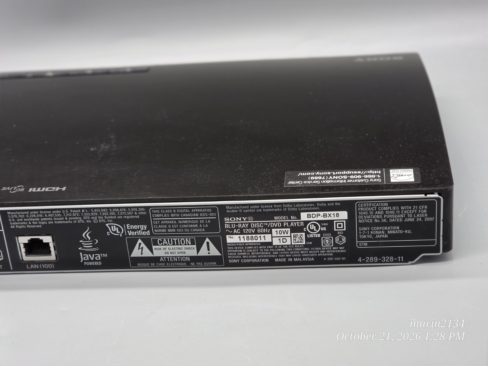 Sony BDP-BX18 Blu-ray Disc DVD Player Wi-Fi HDMI Tested w/ Remote Works ...