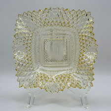 Vintage Yellow Indiana Glass Diamond Point Square Bowl Sawtooth Ruffled Edge MCM