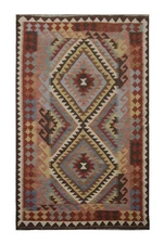 Handmade Wool Kilim Rug: Brown Geometric Tribal Decor, 3'5" x 6'2"