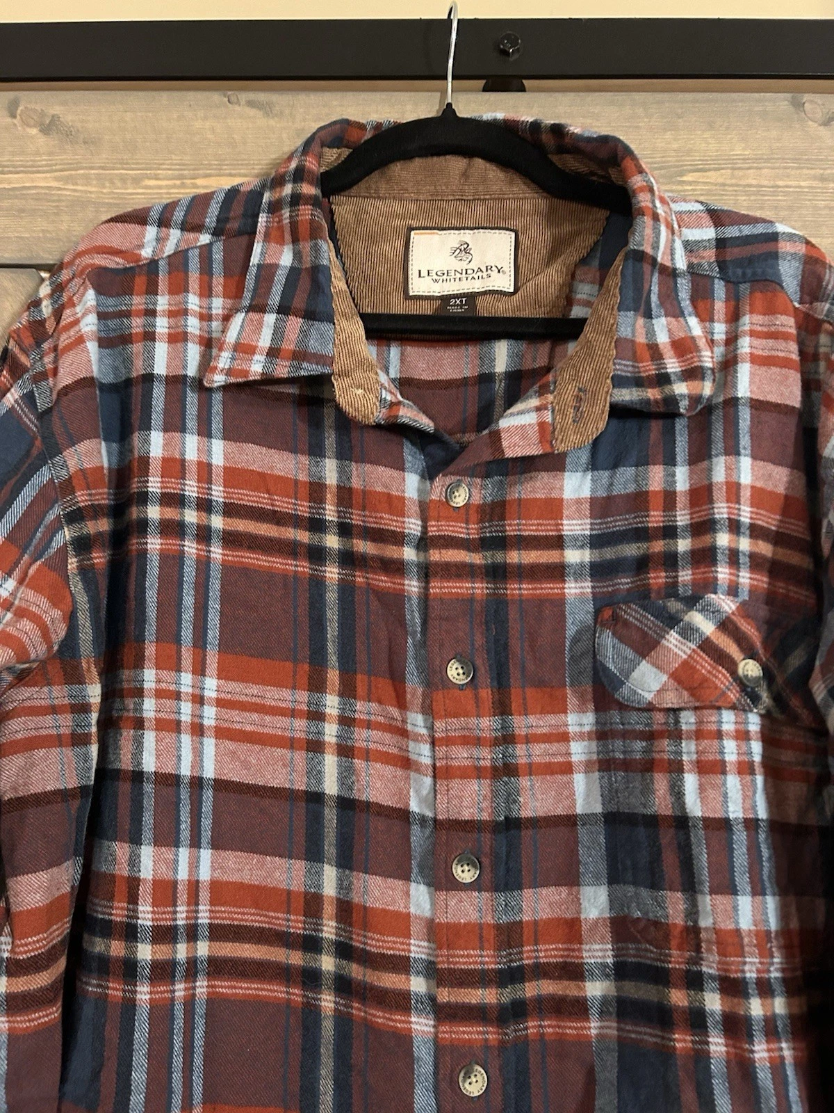 Legendary Whitetails Flannel Shirt Corduroy Trim Plaid Mens Sz 2XT Outdoors