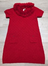Janie and Jack Holiday Tartan Sweater Dress w/Faux Fur Collar Sz 7 Christmas Red