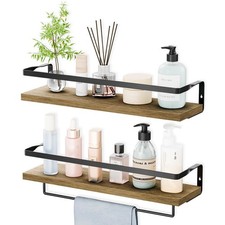 Bathroom Shelves Towel Bar Wood Metal Frame Light Brown 2 PCS